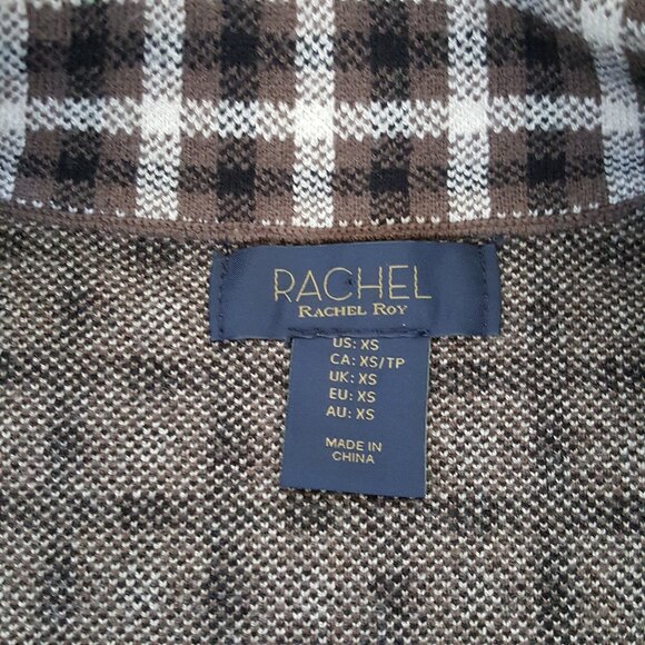Cropped Knit Sweater Jacket Blazer Brown Plaid Rachel Roy Vintage Pocket Stretch - Picture 11 of 11